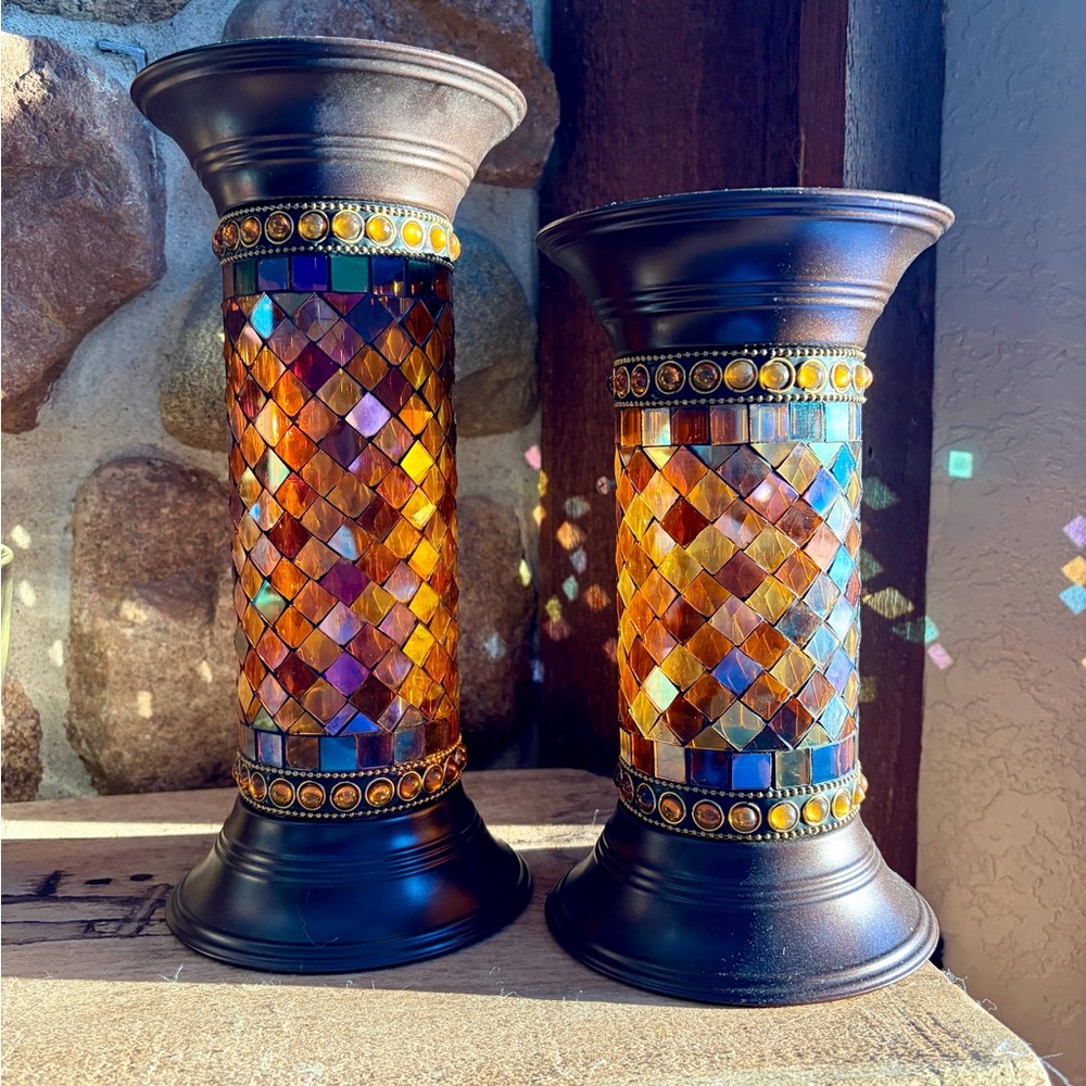PartyLite Amber and Black Mosaic Candle Holders